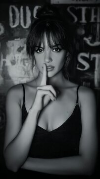 Black and white portrait of a woman with finger on lips, asking for silence