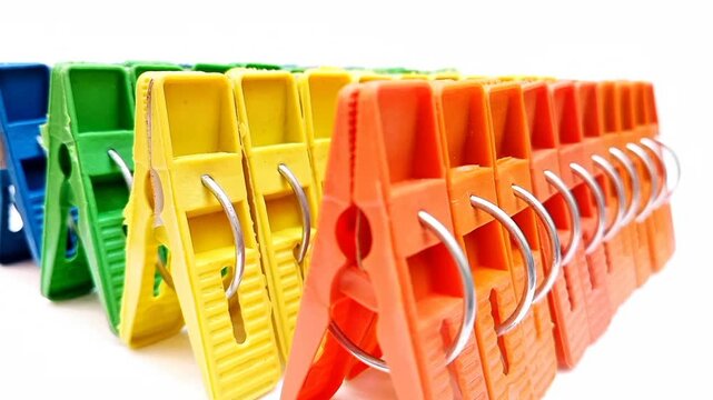 Clothes pegs sets, sets of multicolor plastic clothes pins or laundry clips for house rotating on the white background.