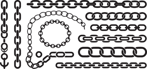 Fototapeta premium Monochrome set different type of metal chains in silhouette style. Vector silhouette icon set