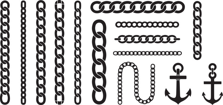 Monochrome set different type of metal chains in silhouette style. Vector silhouette icon set