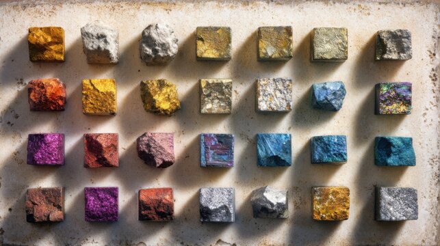 organized grid of rare earth mineral specimens on pale stone background, neodymium, cerium, lanthanum, europium samples, vibrant metallic textures