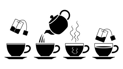 Fototapeta premium Four minimalist black icons demonstrating the stages of preparing a warm tea beverage with distinct steam patterns.