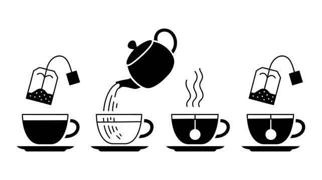 A sequential illustration depicting the step-by-step process of brewing and serving hot tea with teabags.