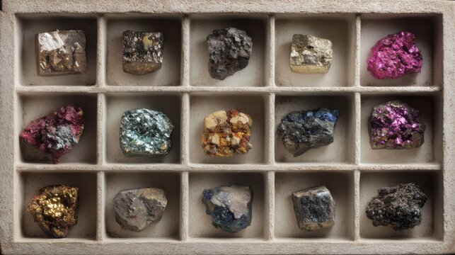 organized grid of rare earth mineral specimens on pale stone background, neodymium, cerium, lanthanum, europium samples, vibrant metallic textures