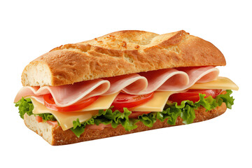 Delicious ham and cheese sub sandwich with fresh lettuce and tomato on a baguette, lunch meal on transparent background