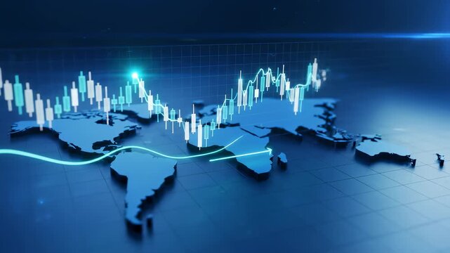 Futuristic digital financial data visualization featuring glowing candlestick stock market charts and a 3D world map representing global investment, trading, and economic growth.
