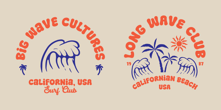 Collection of vector white color surfing illustrations, for t-shirt, posters and other uses