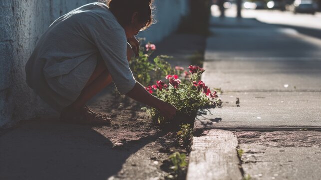person planting flowers in sidewalk cracks, urban minimalism, soft morning light, secret guerrilla gardening, authentic street lifestyle photography
