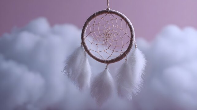 Dreamcatcher with soft white feathers hangs serenely against a blurred pink sky and ethereal clouds symbolizing peace and aspi ns