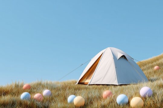 Camping tent on grass field with colorful eggs.