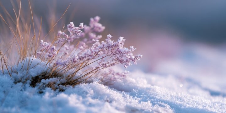 Low winter sun on pink heath sprig emerging through fresh snow with golden grasses and dreamy shallow focus evoking quiet cold dawn in open moorland