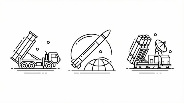 Military Air Defense Systems Line Icons - Anti-Aircraft Artillery, Fighter Jet & Missile Defense