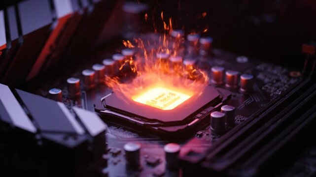 Abstract digital circuit board with a glowing CPU at the center engulfed in flames, symbolizing overheating and high performance