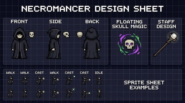 Pixel art design sheet for a dark fantasy necromancer, detailing character views, magic staff, and essential animation sprites for game development
