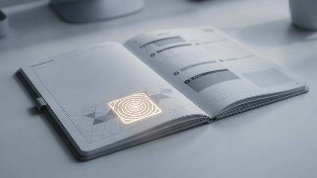 Medium shot capturing a smart planner notebook featuring an NFC embedded page highlighting organized daily schedules with futuristic contactless access.