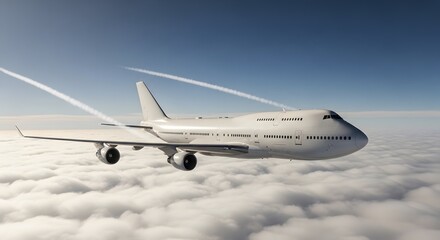 Obraz premium A large white airplane flying high above the clouds in a clear blue sky