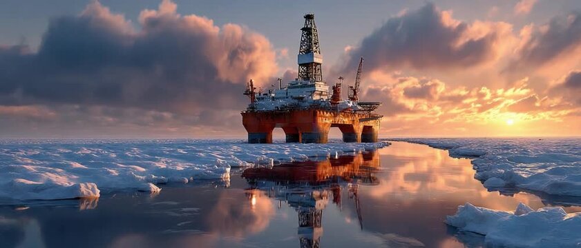 Offshore Rig at Sunset: An imposing offshore oil rig stands tall amidst the serene expanse of an icy sea, reflecting the warm hues of the sunset in a breathtaking display of industrial prowess.