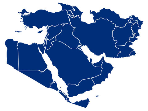 A blue map of the Middle East and North Africa region with country borders