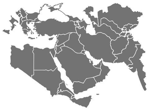 Gray map of Middle East and North Africa with country borders on white background