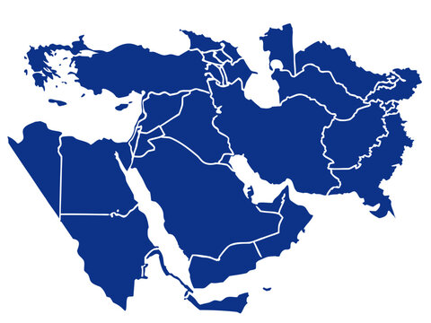 blue map of middle east and north africa with country borders