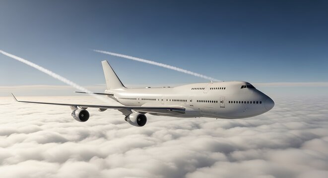 A large white airplane flying high above the clouds in a clear blue sky