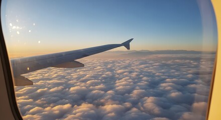 Obraz premium A serene view of an airplane wing soaring above fluffy white clouds during a breathtaking sunset