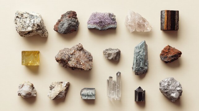 rare earth minerals collection arranged in minimalistic grid on pale neutral background, neodymium mineral, cerium ore fragment, lanthanum mineral