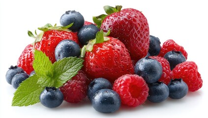Obraz premium Fresh Mixed Berries with Mint Leaves on White Background.