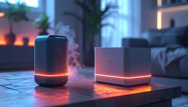 Futuristic speakers, glowing lights, and vapor in modern interior