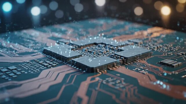 Close-up of a futuristic microchip with intricate circuitry and glowing connections, representing advanced technology and innovation