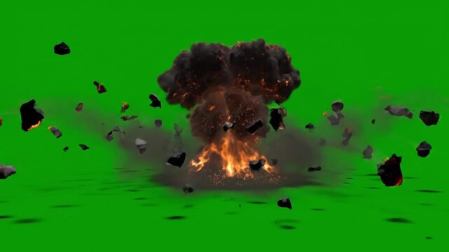 Spectacular meteor explosion effect on green screen, a dynamic visual element depicting cosmic impact debris and powerful blast for special effects compositing