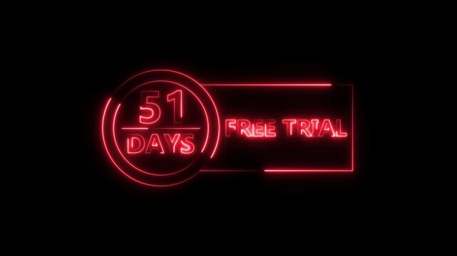Neon bright 51 Days Free Trial Banner icon circle frame red color animation. Business nice products 51 days free trial offer video. 