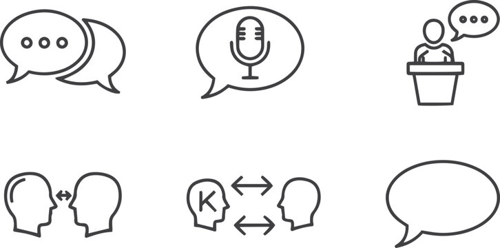 Speaking icons set. Communication icon symbols for talking, conversation, consultation, conference, voice, speech bubble and public speaking. Thin line editable stroke vector. Outline illustration