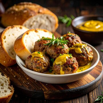 Frikadellen mit Senf und Brot