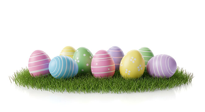 Easter eggs on grass with pastel colors and unique designs