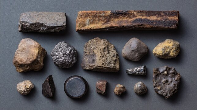 top view collection of meteorite samples, lunar rock, martian regolith, iron meteorite, stony meteorite, arranged neatly on dark neutral background