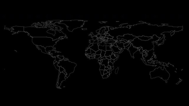Animated world map with subtle flickering effect revealing global country borders and continuous flicker effect, transparent BG with alpha channel, ideal for news, crisis, geopolitical and tech themes