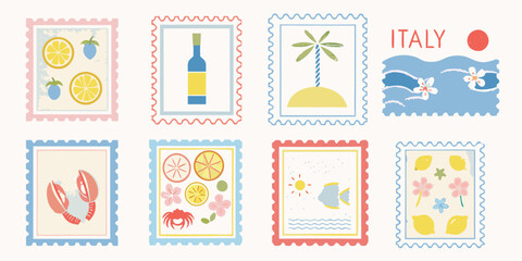 Colorful illustrated postage stamps depicting italian themes and summer motifs © RanjanKumar