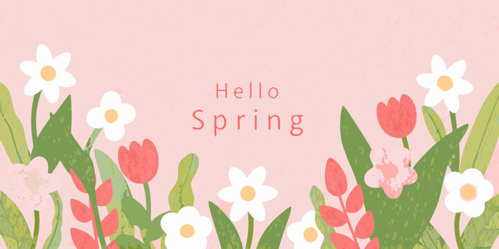 Floral illustration with hello spring text on a pink background