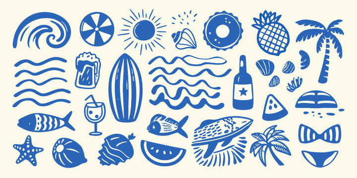 Stylized blue illustrations depict various summer and tropical vacation elements
