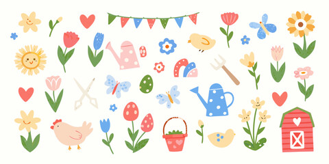 Colorful spring and garden themed illustrations with flowers butterflies and tools