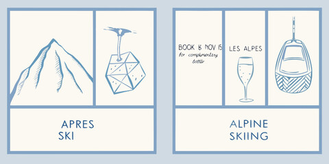 Stylized illustration depicting alpine skiing mountains and apr s ski themes © RanjanKumar