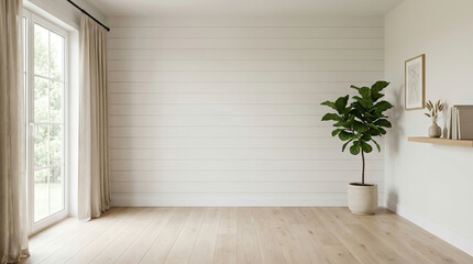 Obraz premium Minimalist White Wall Room with Paneling, Indoor Plant and Copy Space 