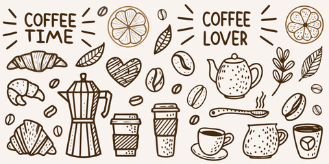 Stylized illustration of coffee elements pastries and related typography © RanjanKumar