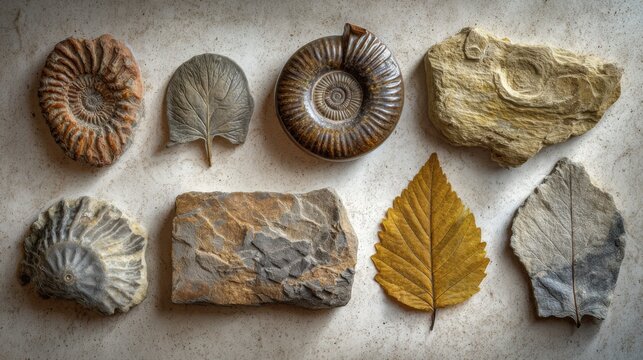 top view museum style collection of fossils arranged on neutral stone background, ammonite fossil, trilobite fossil, petrified wood and fossilized