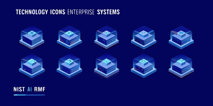 Isometric technology icons representing enterprise systems and data management