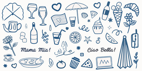 Hand drawn summer doodles featuring food drinks and beach elements © RanjanKumar