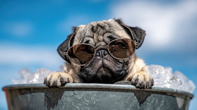 Cool pug dog wearing sunglasses relaxing outdoors on a sunny day