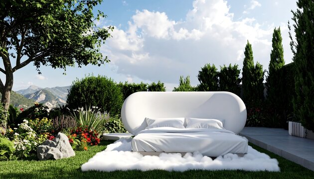 White bed on a grassy lawn surrounded by lush greenery, set against a sky with fluffy clouds
