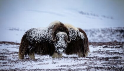 Majestic Muskox Standing Proudly in a Snowy Arctic Landscape.